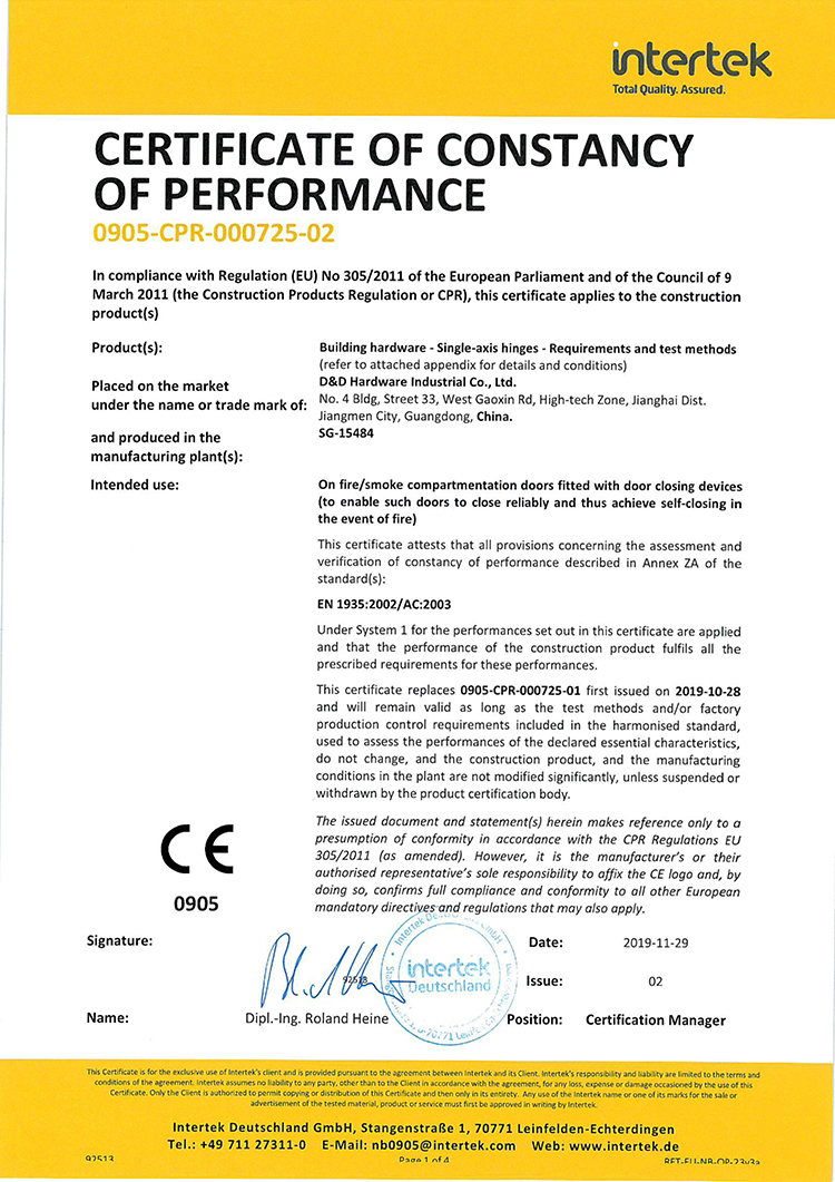 CE Hinge Certificate-D&D Hardware CE Hinge Sertiate-D & D